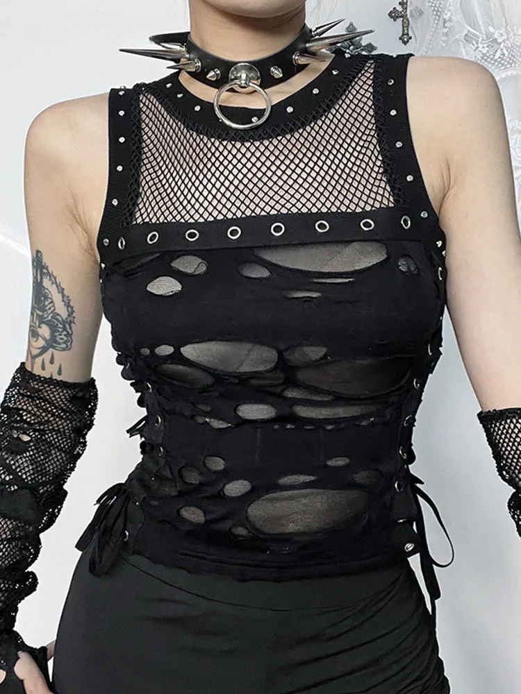 2024 See Lace-up Cyber Mall Sexy Streetwear Crop Through Gothic Hole Punk Fashion Rave Top