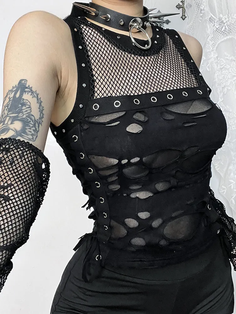 2024 See Lace-up Cyber Mall Sexy Streetwear Crop Through Gothic Hole Punk Fashion Rave Top