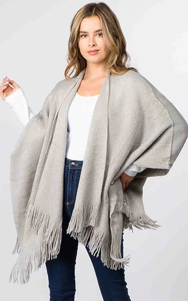 74SA31 Metallic Textured Cape Shawl w/ Fringes