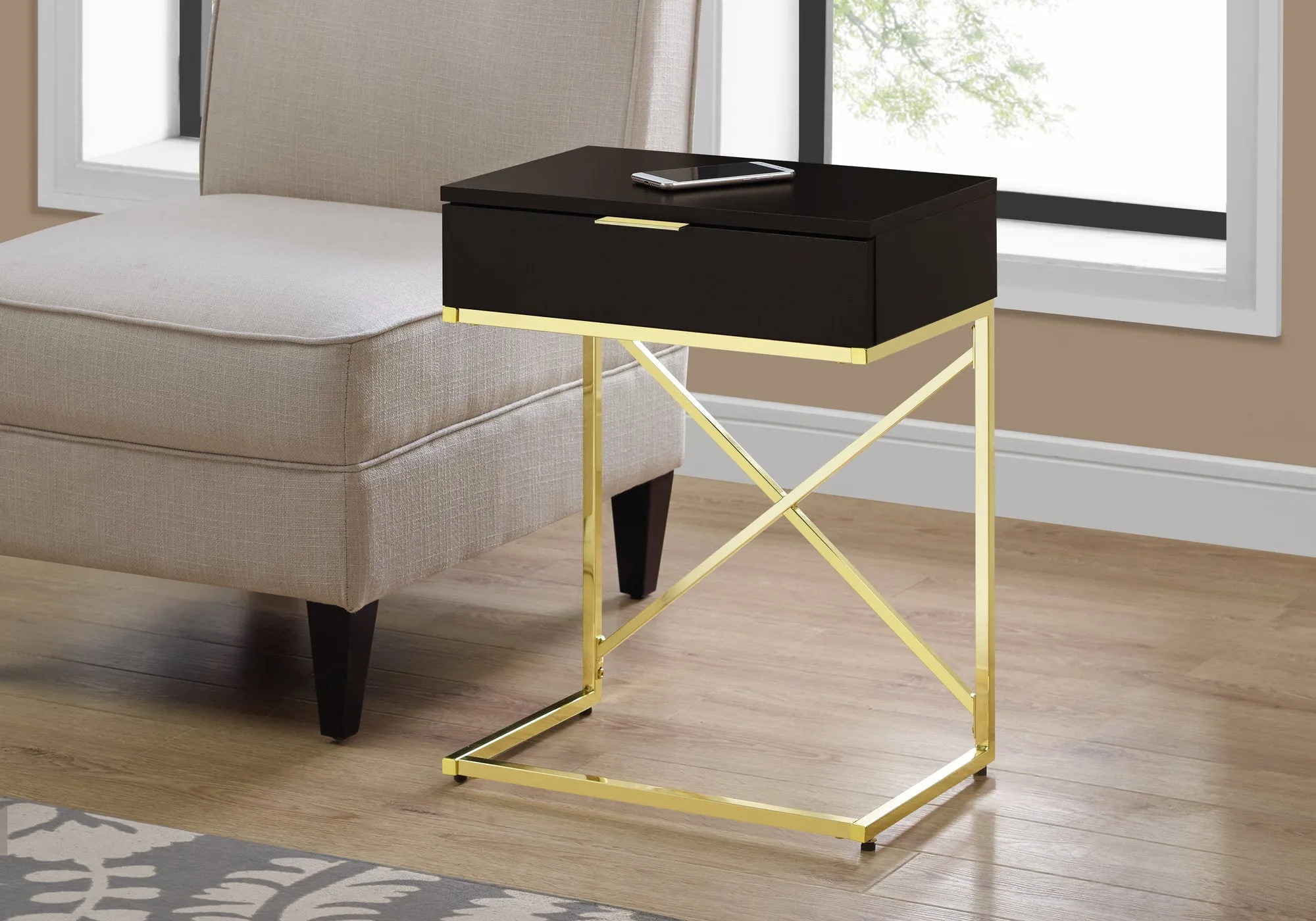 Accent Table - 24"H / Cappuccino / Gold Metal