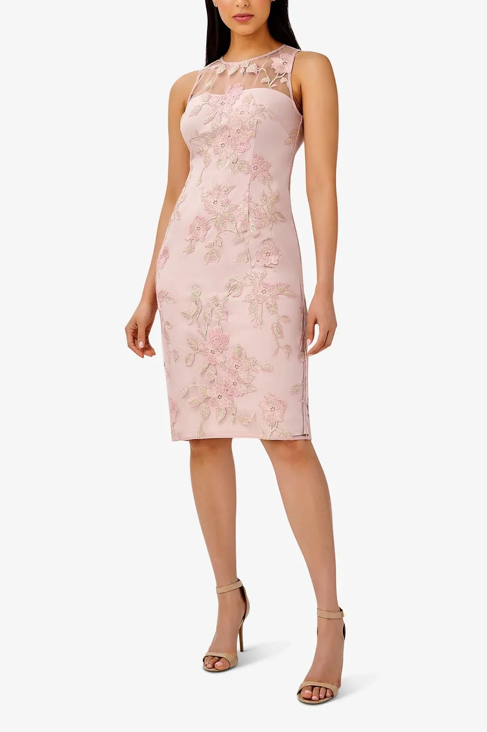 Adrianna Papell Illusion Round Neck Sleeveless Hook & Eye & Zipper Closure Floral Embroidered Mesh Dress