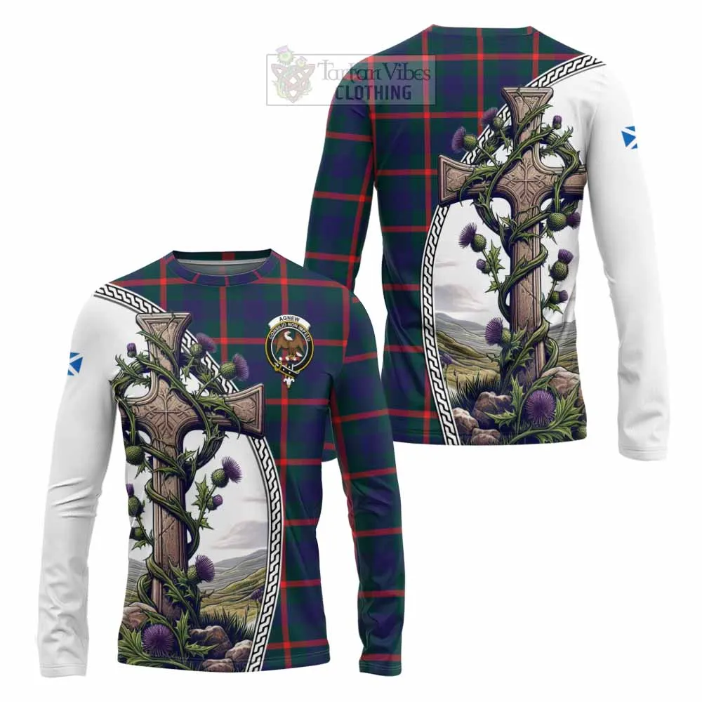 Agnew Tartan Long Sleeve T-Shirt with Family Crest and St. Andrew's Cross Accented by Thistle Vines