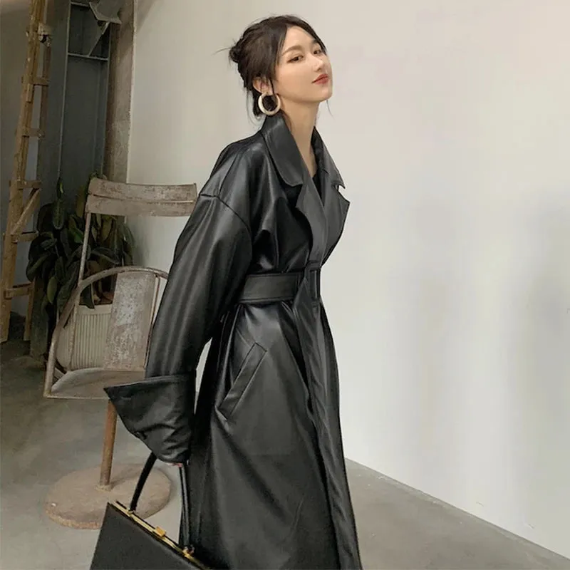 Aiertu Long Oversized Leather Trench Coat for Women Long Sleeve Lapel Loose Fit Fall Stylish Black Women Clothing Streetwear