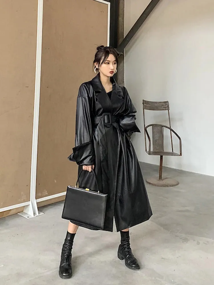 Aiertu Long Oversized Leather Trench Coat for Women Long Sleeve Lapel Loose Fit Fall Stylish Black Women Clothing Streetwear