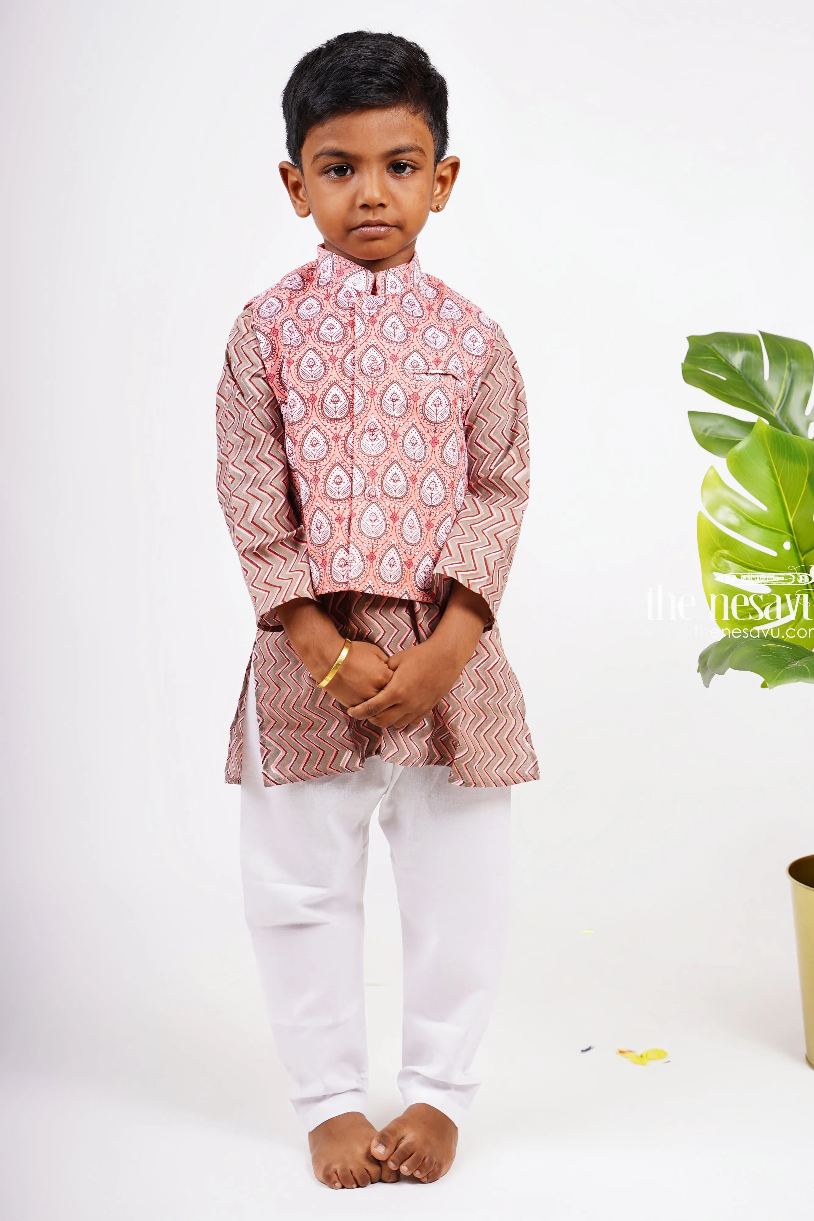 Ajrak Block Printed Kurtha with Printed Jacket Pant Set for Boys