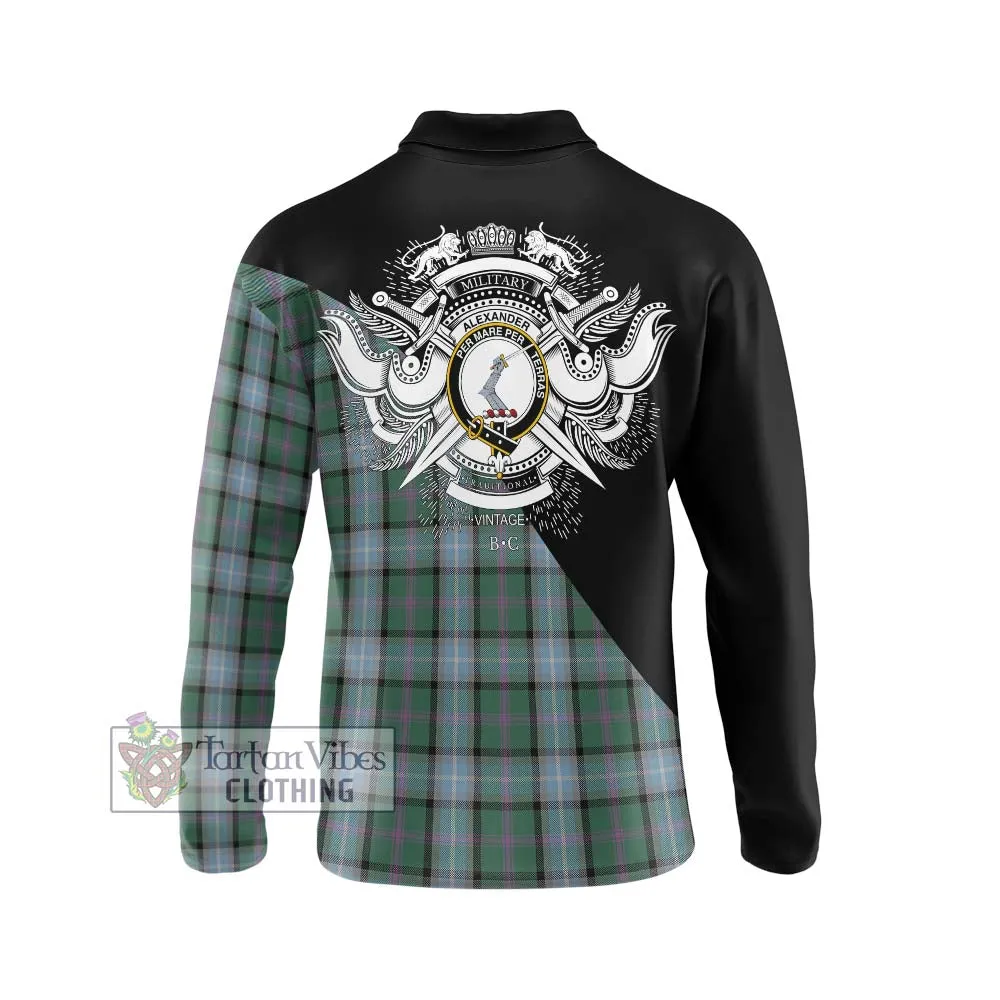 Alexander of Menstry Hunting Tartan Long Sleeve Polo Shirt with Family Crest and Military Logo Style