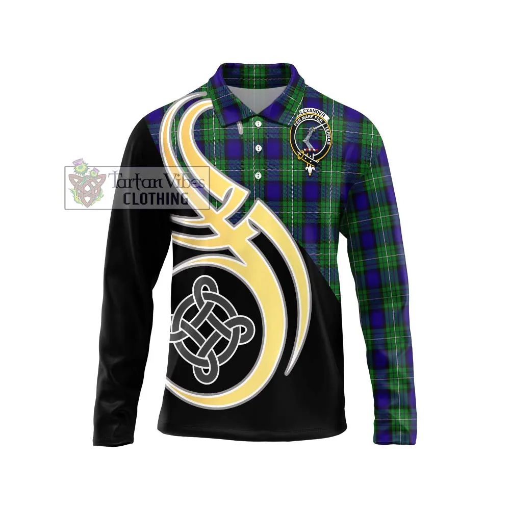 Alexander Tartan Long Sleeve Polo Shirt with Family Crest and Celtic Symbol Style