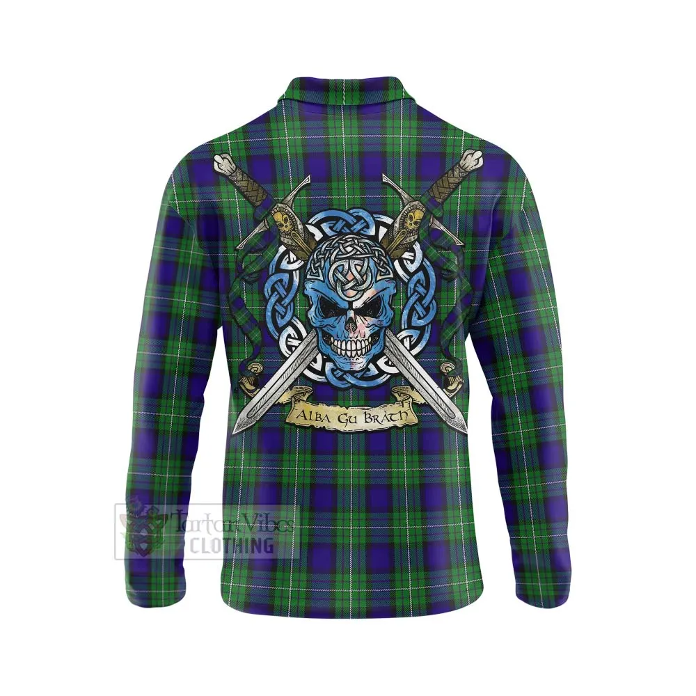 Alexander Tartan Long Sleeve Polo Shirt with Family Crest Celtic Skull Style