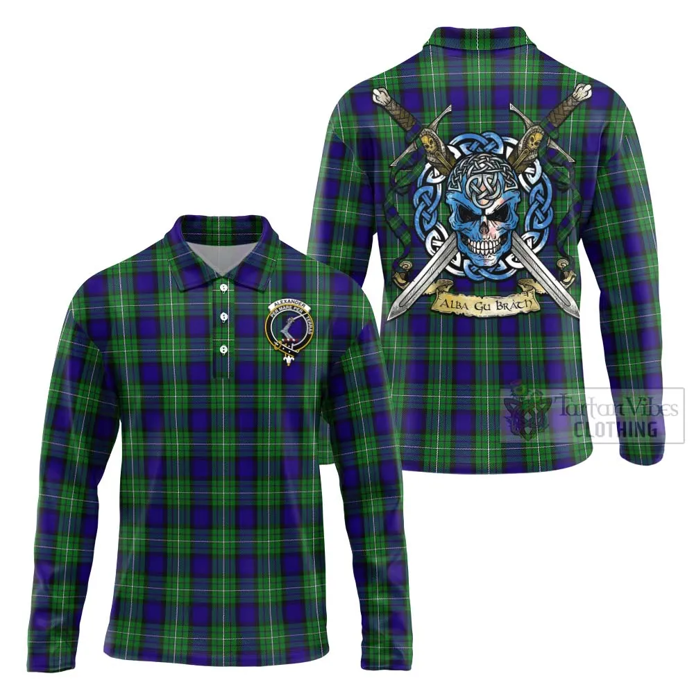 Alexander Tartan Long Sleeve Polo Shirt with Family Crest Celtic Skull Style