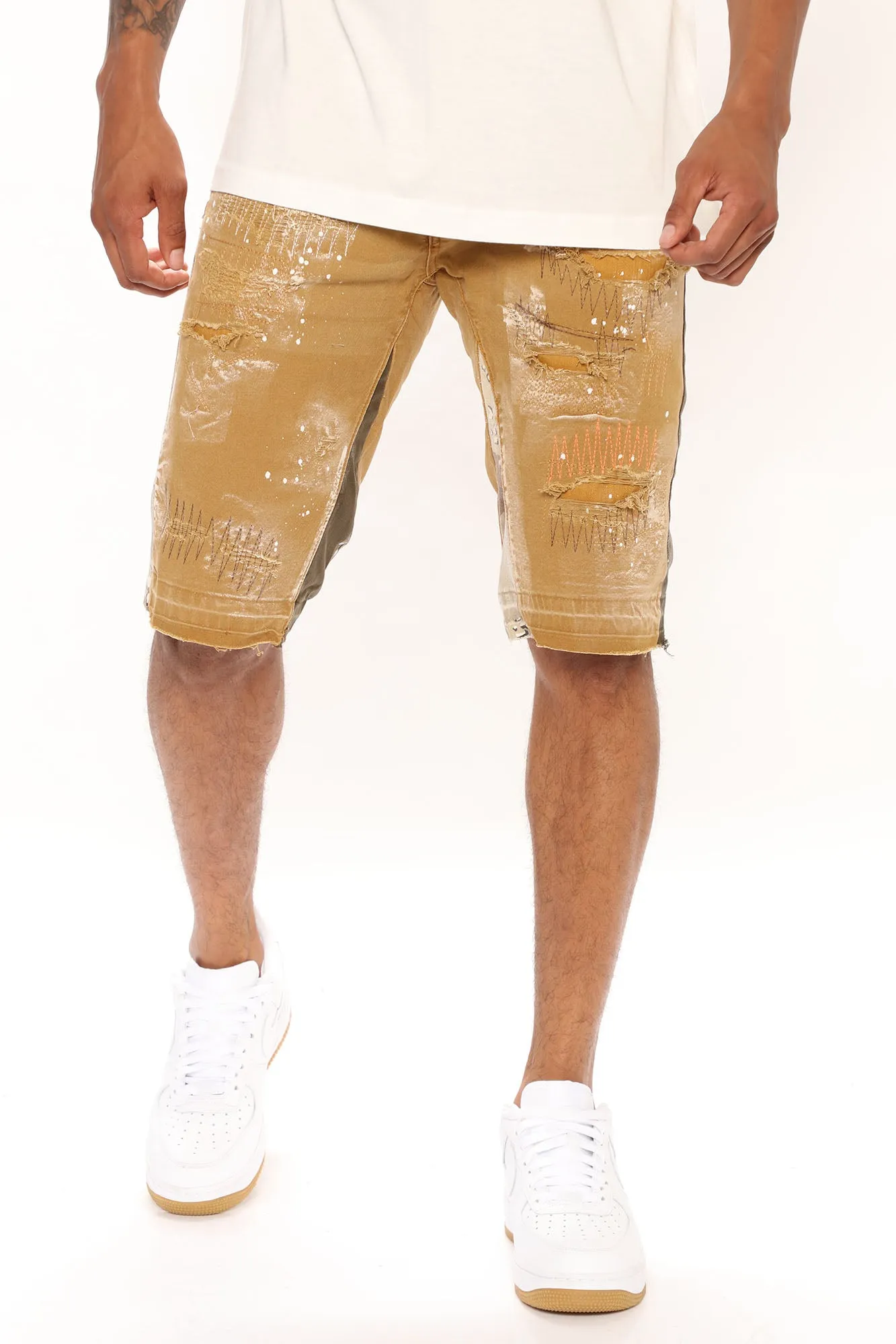 All About It Ripped Skinny Denim Shorts - Tan