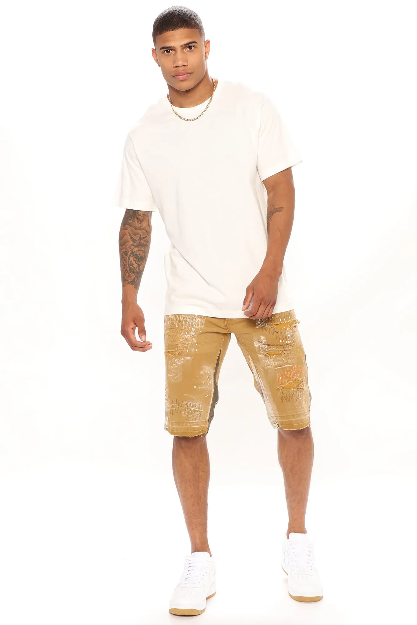 All About It Ripped Skinny Denim Shorts - Tan