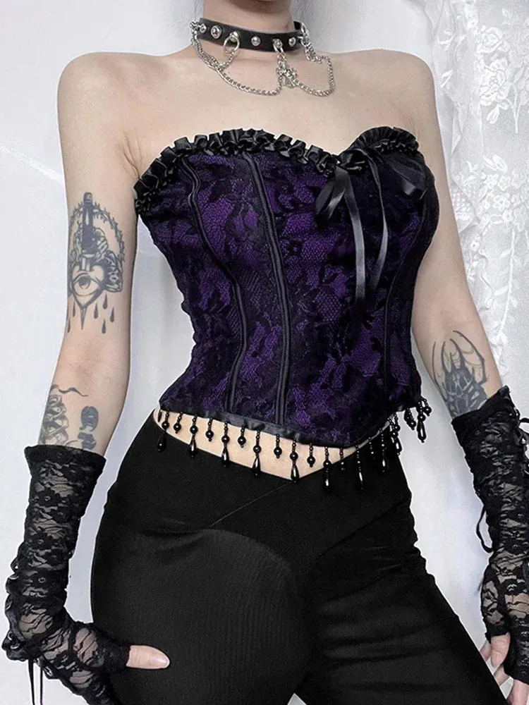 AltGoth Aesthetic Gothic Purple Vest – Vintage Cyber Punk Tassel Bandage Crop Tank Top, Y2K Indie Streetwear for Women