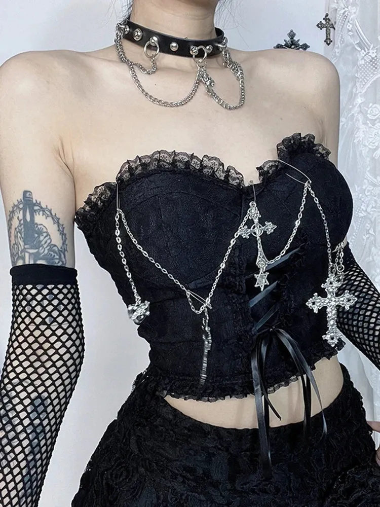 AltGoth Gothic Dark Punk Harajuku Grunge Stylish Elegant Chic Trendy Lace-up Crop Top