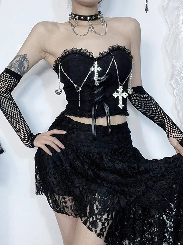 AltGoth Gothic Dark Punk Harajuku Grunge Stylish Elegant Chic Trendy Lace-up Crop Top