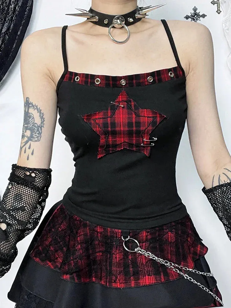 AltGoth Y2K E-girl Vintage Camis Cyber Punk Plaid Patchwork Crop Tank Tops