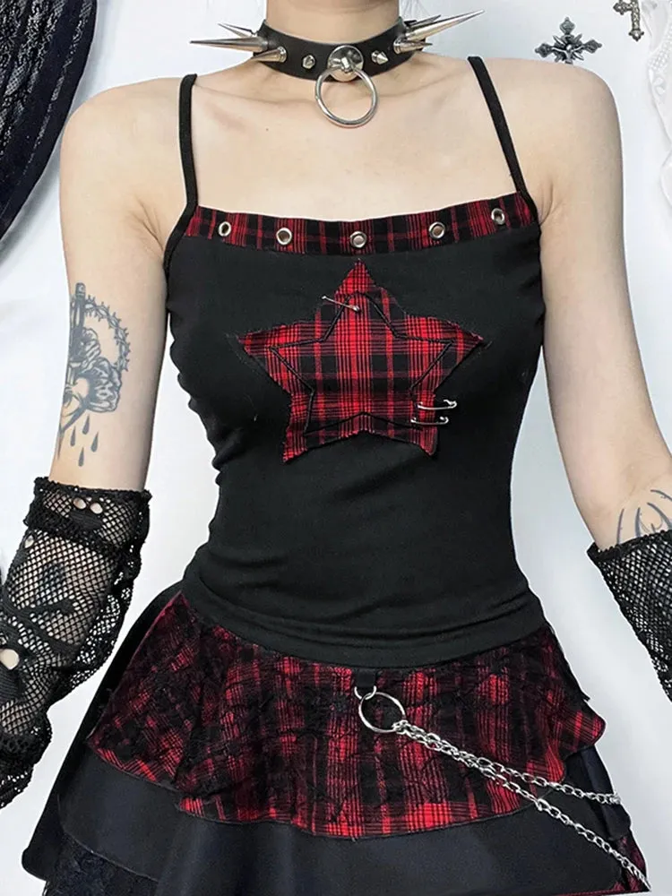 AltGoth Y2K E-girl Vintage Camis Cyber Punk Plaid Patchwork Crop Tank Tops