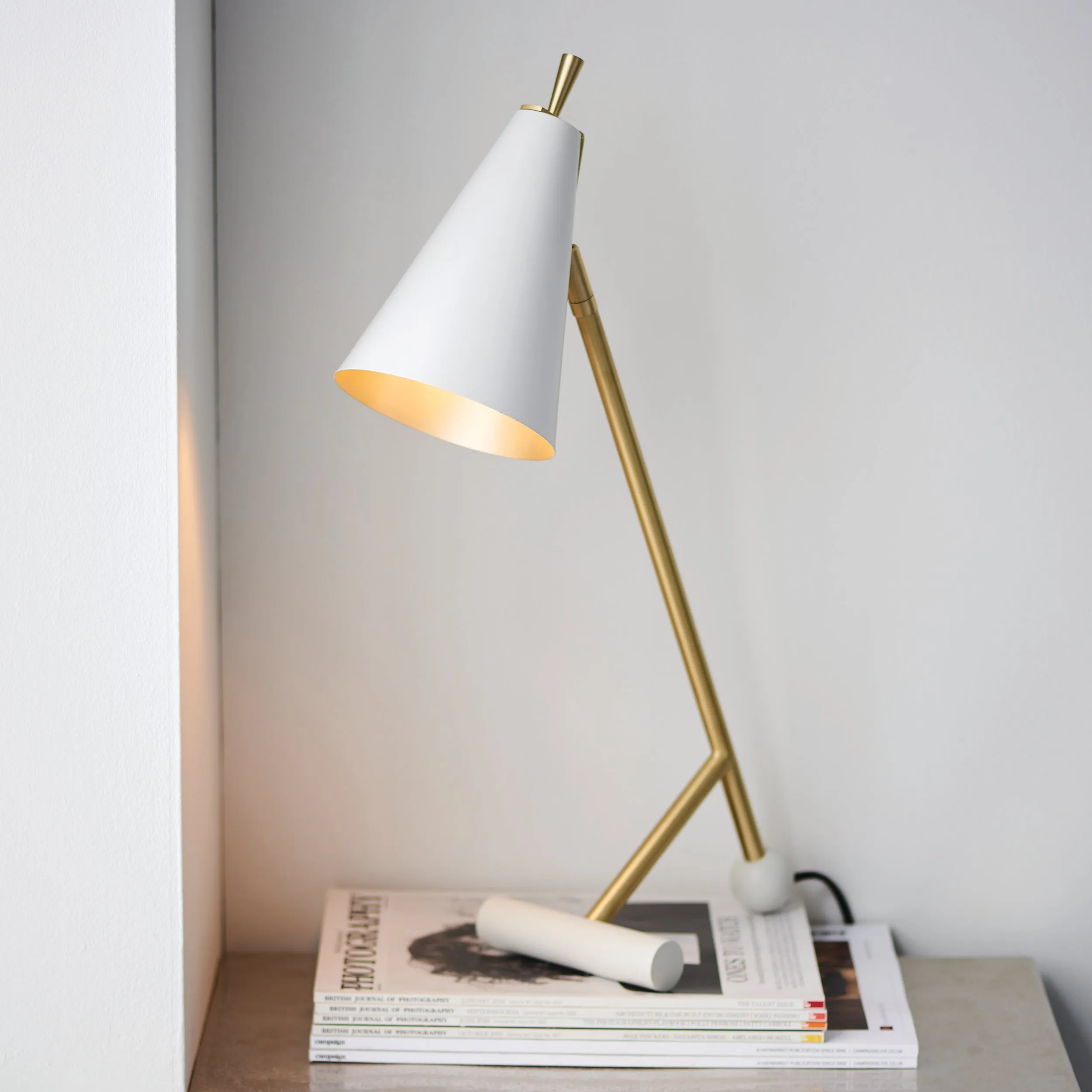 Amos Bachelor Table Lamp Satin Brass & White