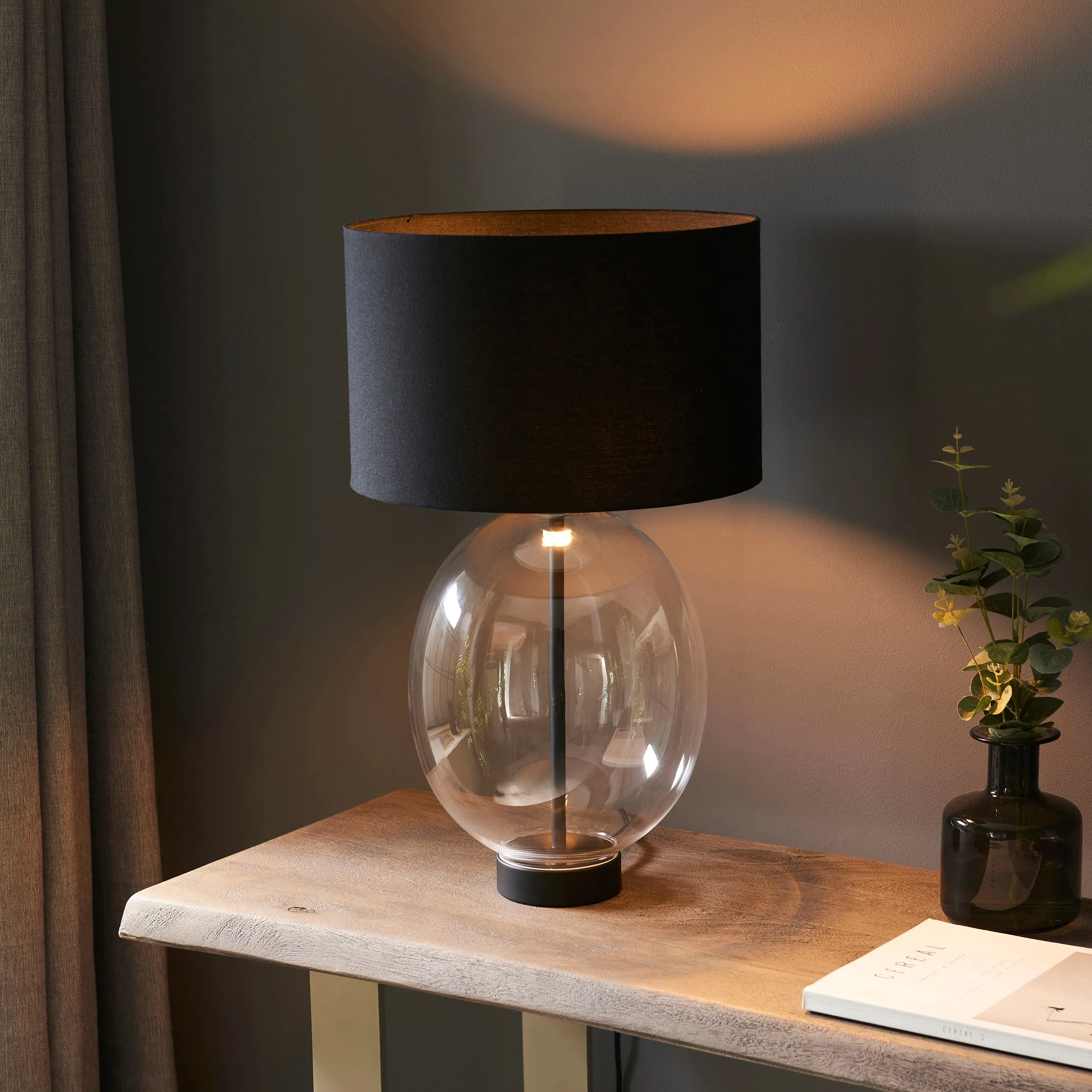 Amos Ovate Table Lamp Clear Glass with Black Shade