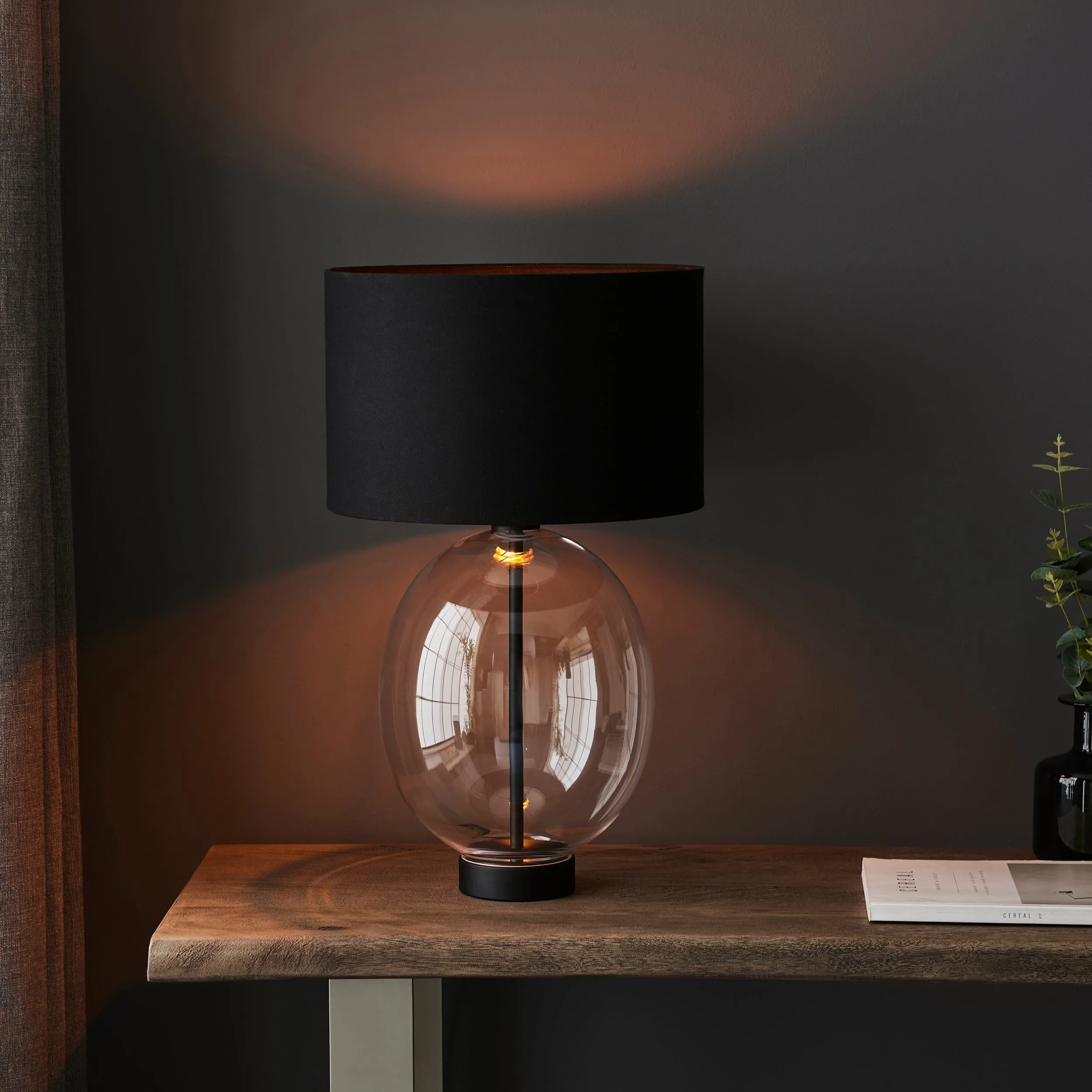 Amos Ovate Table Lamp Clear Glass with Black Shade