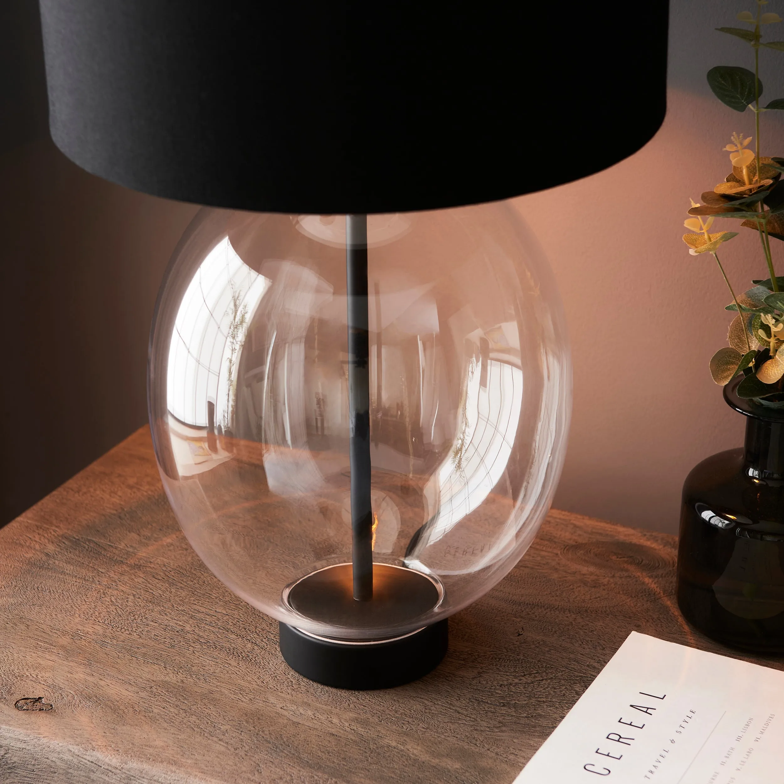 Amos Ovate Table Lamp Clear Glass with Black Shade