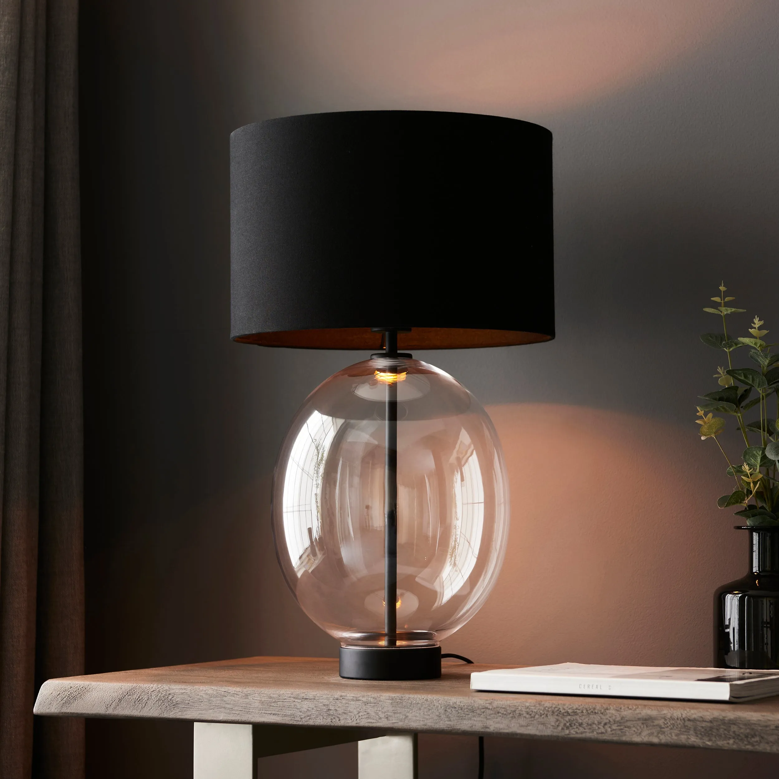 Amos Ovate Table Lamp Clear Glass with Black Shade