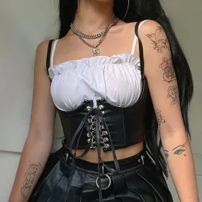 Amozae-- Punk Goth Aesthetic Black Corset Top Women Faux Leather Lace Up E Girl Clothes Sleeveless   Dark Academia Crop Tops