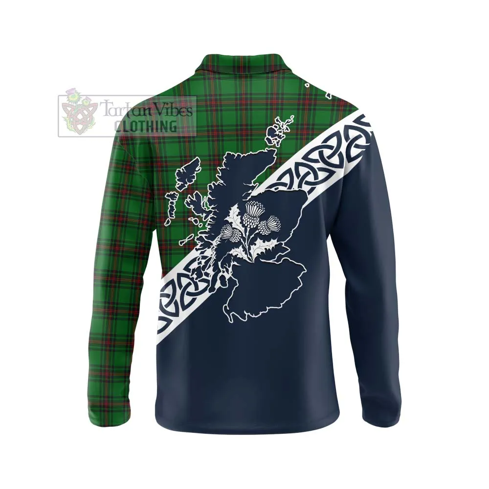 Anstruther Tartan Long Sleeve Polo Shirt Featuring Thistle and Scotland Map