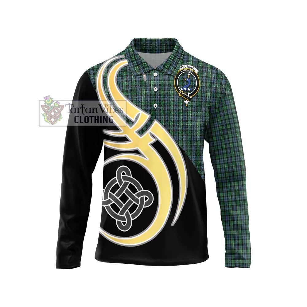 Arbuthnot Tartan Long Sleeve Polo Shirt with Family Crest and Celtic Symbol Style