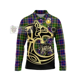 Arnott Tartan Long Sleeve Polo Shirt with Family Crest Celtic Wolf Style