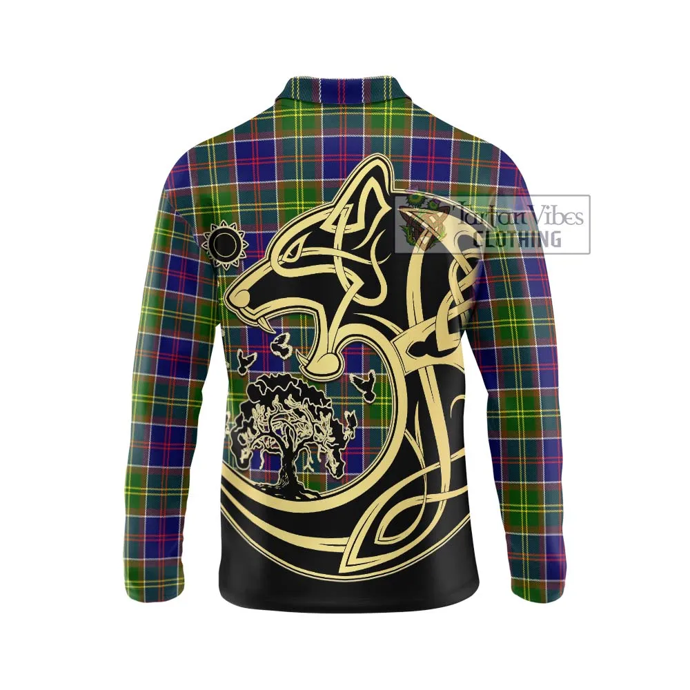 Arnott Tartan Long Sleeve Polo Shirt with Family Crest Celtic Wolf Style