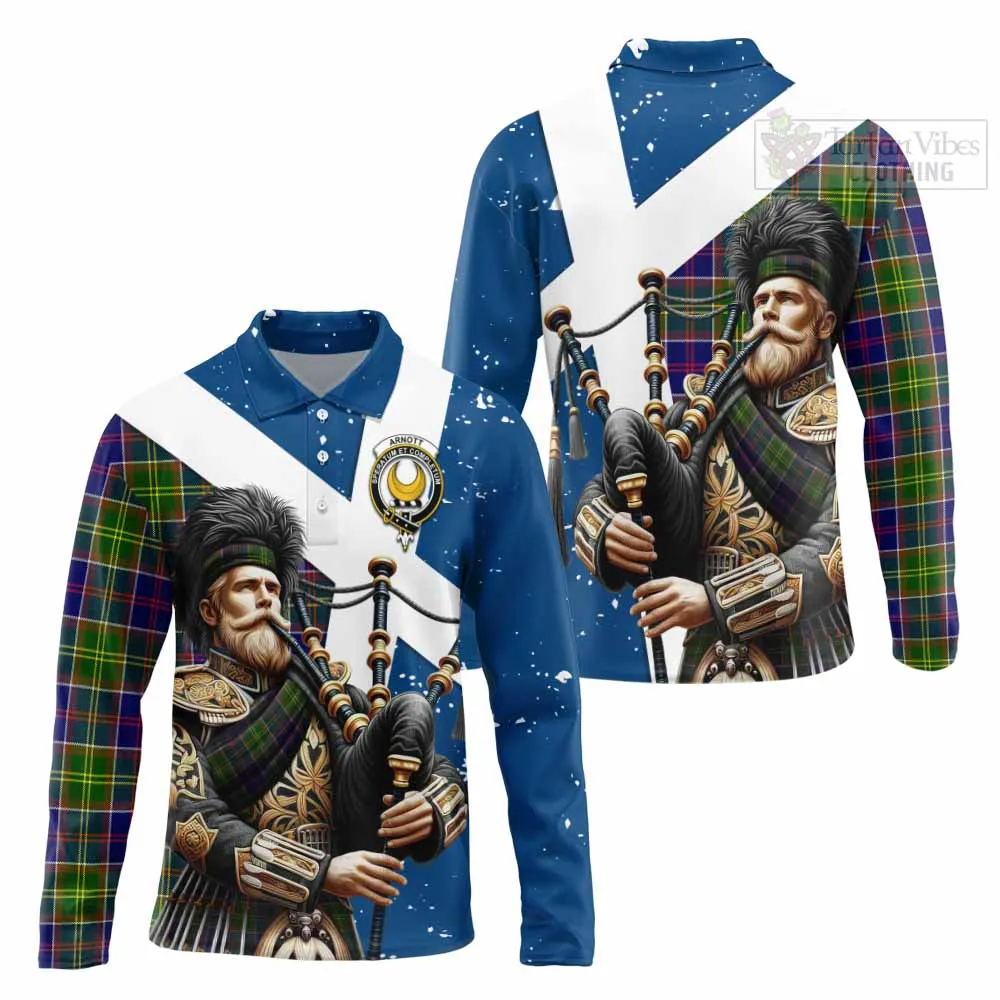 Arnott Tartan Long Sleeve Polo Shirt with Family Crest Scottish Bagpiper Vibes