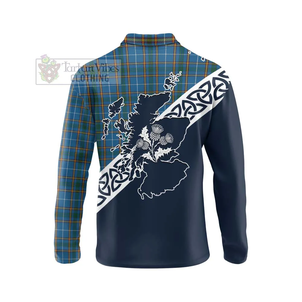 Bain Tartan Long Sleeve Polo Shirt Featuring Thistle and Scotland Map