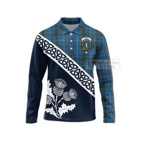 Bain Tartan Long Sleeve Polo Shirt Featuring Thistle and Scotland Map