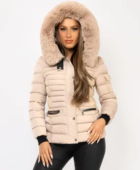 Beige Padded Quilted Faux Fur Hood Puffer Jacket Coat