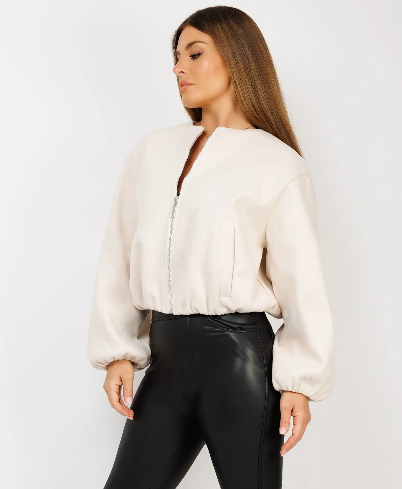 Beige Round Neck Zipped Soft Bomber Jacket