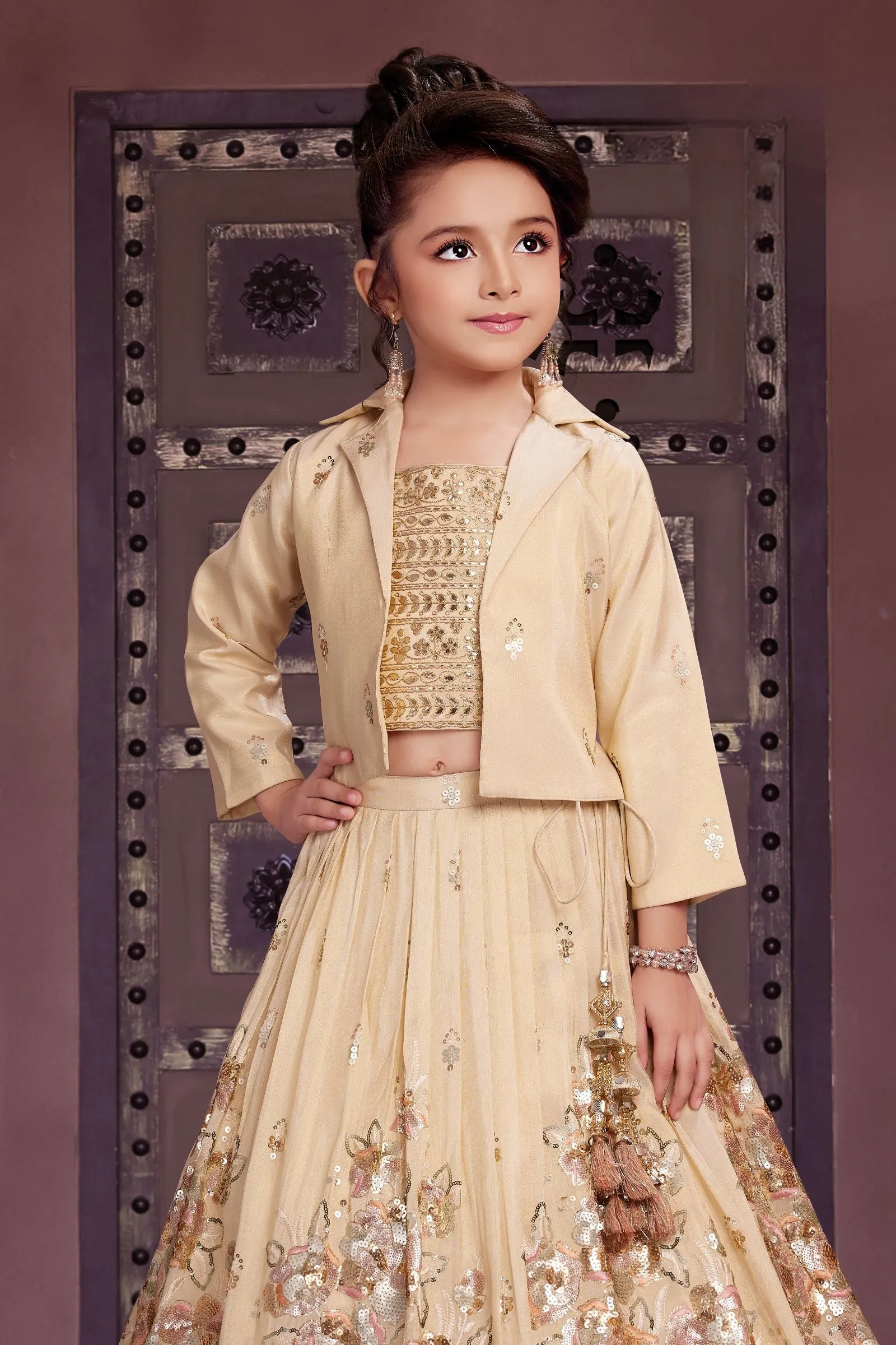 Beige Sequins, Zari and Thread work Overcoat Styled Lehenga Choli for Girls