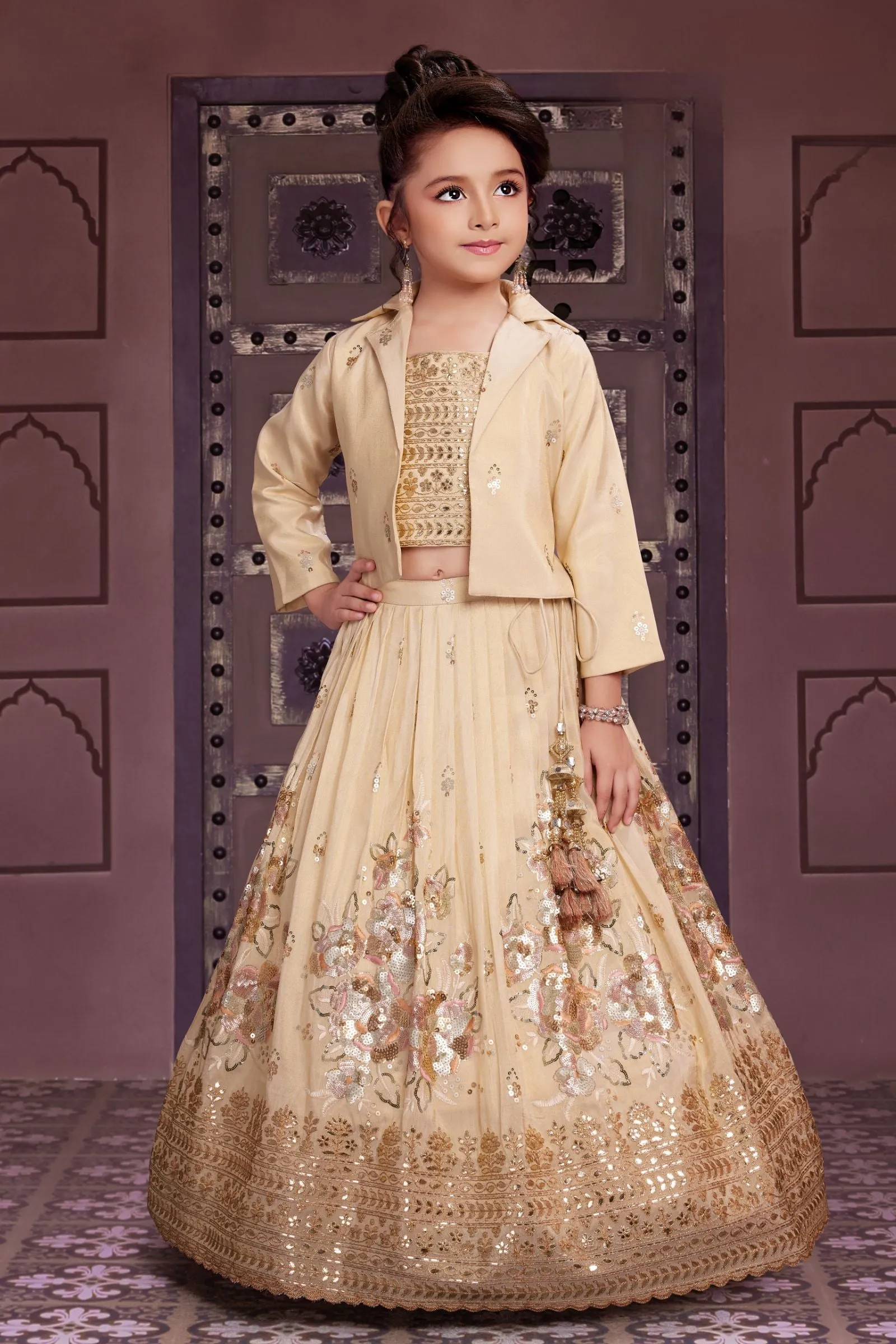 Beige Sequins, Zari and Thread work Overcoat Styled Lehenga Choli for Girls