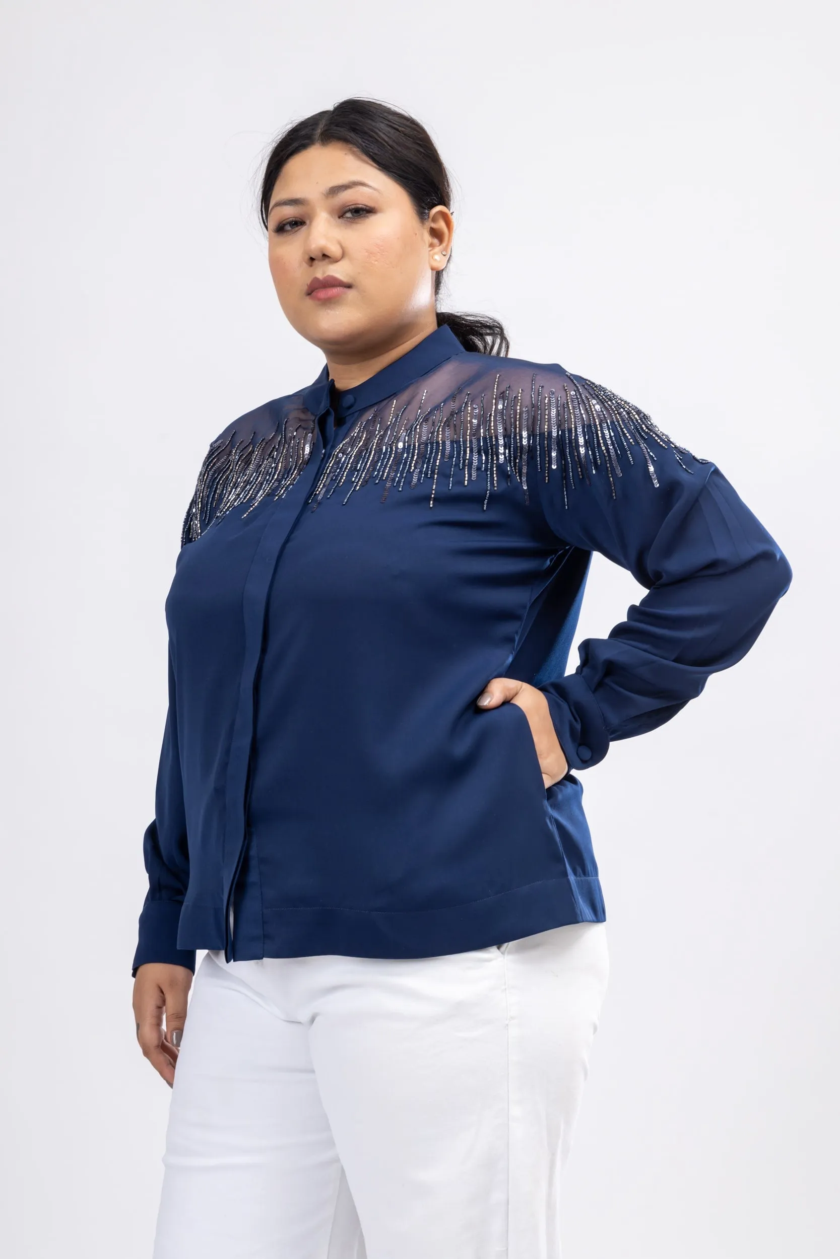 Betwixt Blue Embroidered Bomber Jacket