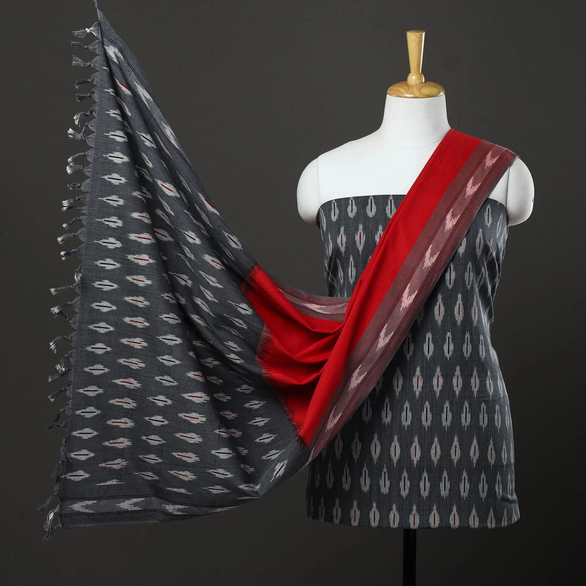 Black - 3pc Cotton Handloom Pochampally Ikat Dress Material 15