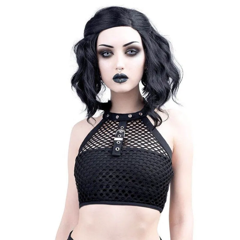 Black Mesh Patchwork Gothic Choker Collar With Metal Button Backless Sexy Punk Crop Top