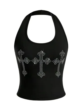 Black Punk Cross Sequin Halter Tank Top