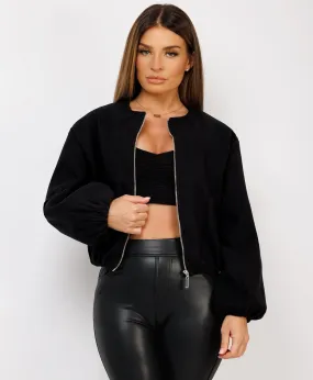 Black Round Neck Zipped Soft Bomber Jacket