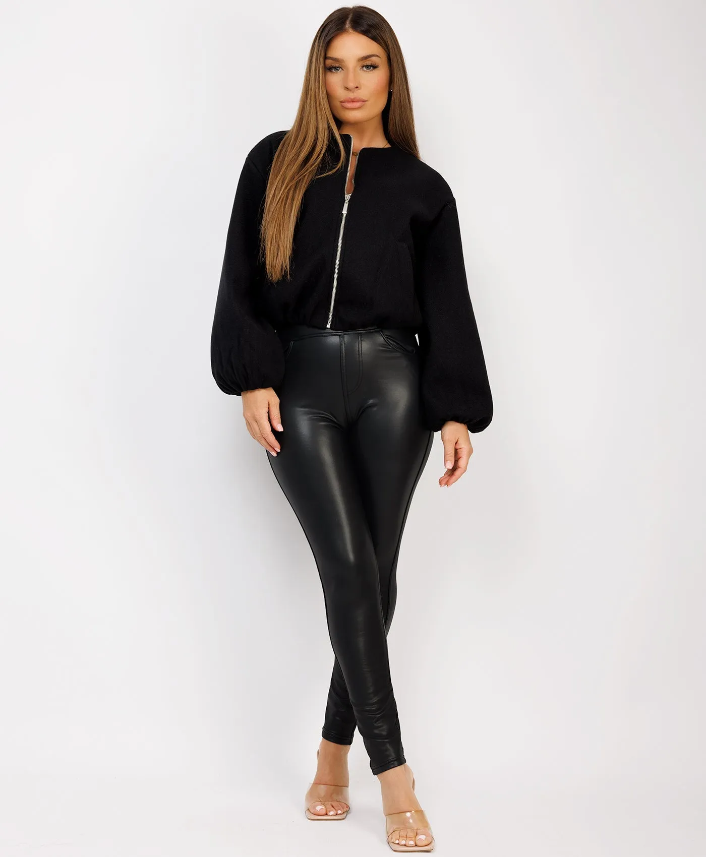 Black Round Neck Zipped Soft Bomber Jacket