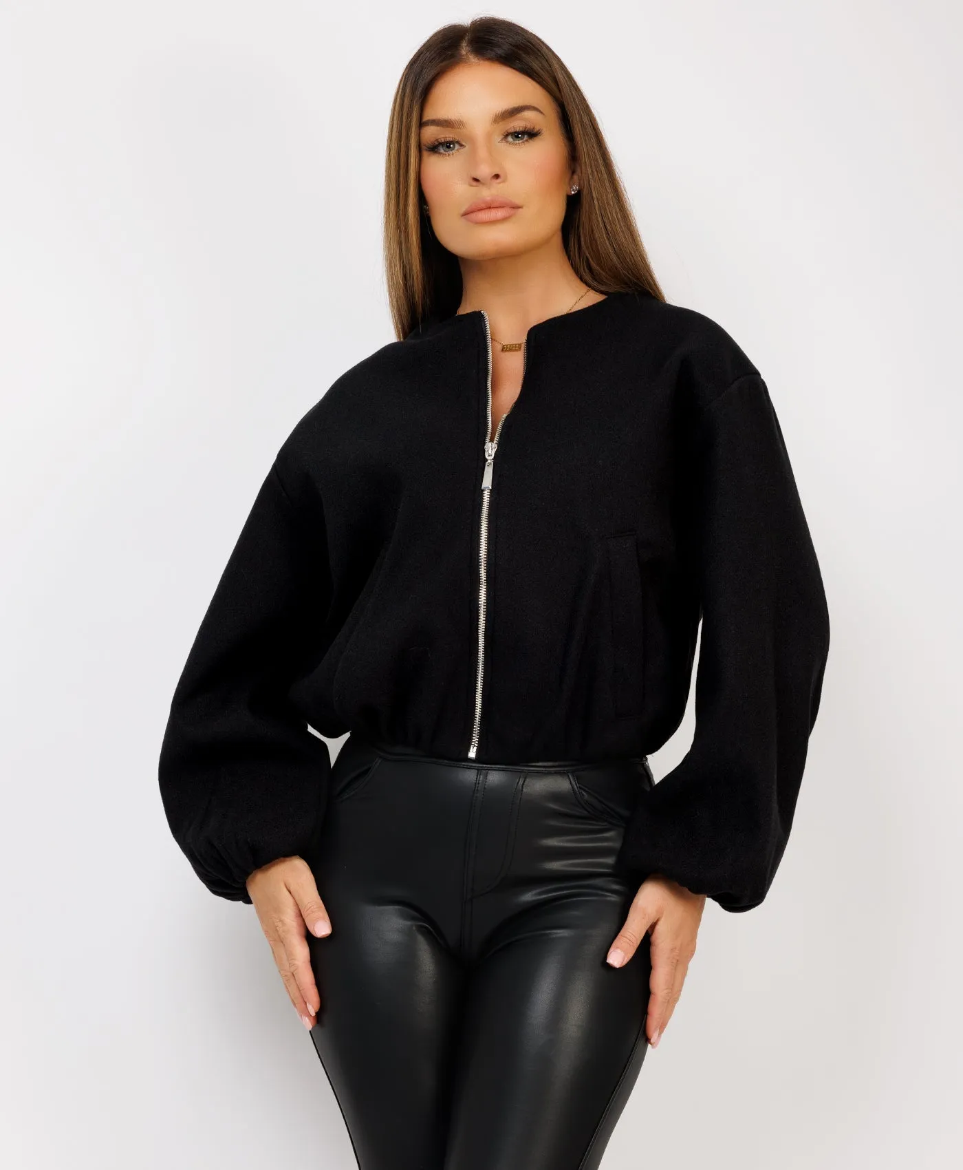 Black Round Neck Zipped Soft Bomber Jacket