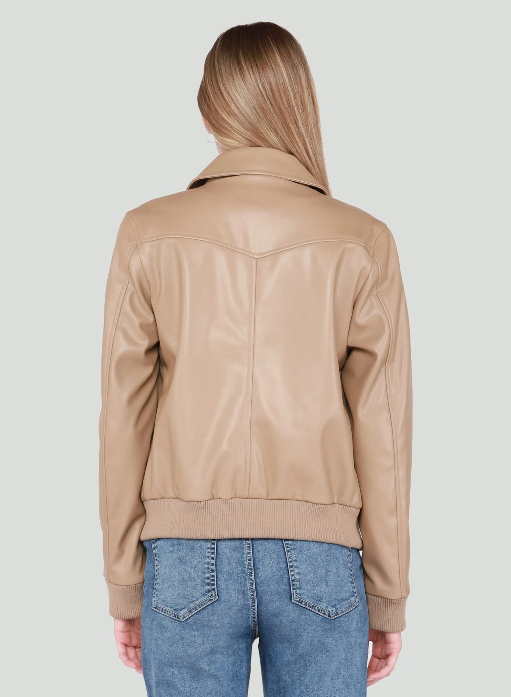 Black Tape Light Camel Faux Leather Bomber Jacket