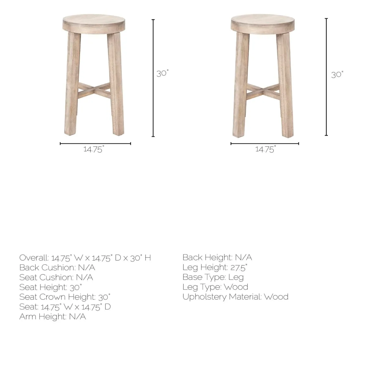 Brahma Bar Counter Stool White Washed Wood | 30H