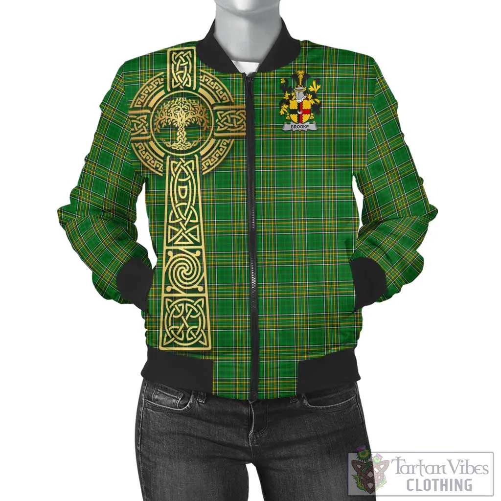 Brooke Irish Clan Tartan Bomber Jacket with Coat of Arms Celtic Tree of Life Style