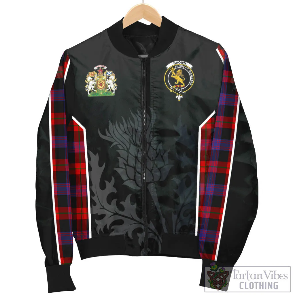 Brown (Broun) Tartan Bomber Jacket with Family Crest and Scottish Thistle Vibes Sport Style