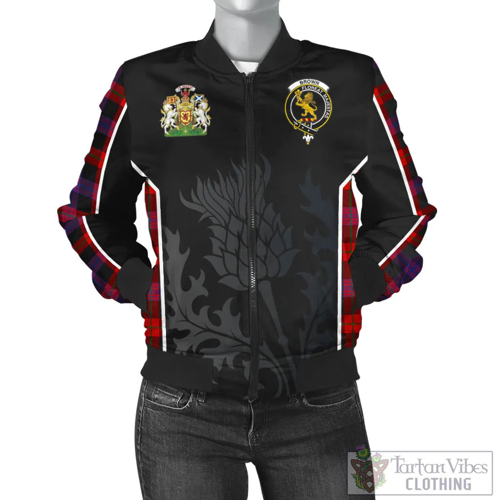 Brown (Broun) Tartan Bomber Jacket with Family Crest and Scottish Thistle Vibes Sport Style