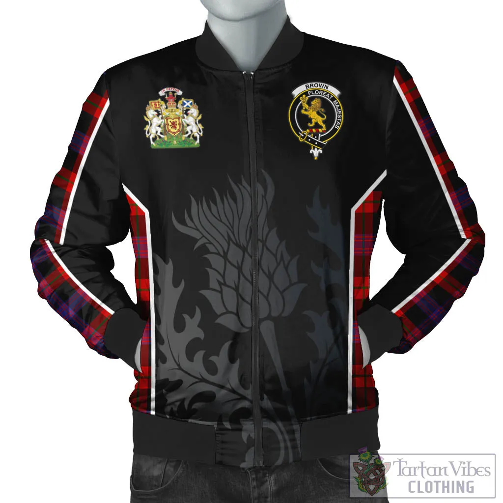 Brown (Broun) Tartan Bomber Jacket with Family Crest and Scottish Thistle Vibes Sport Style